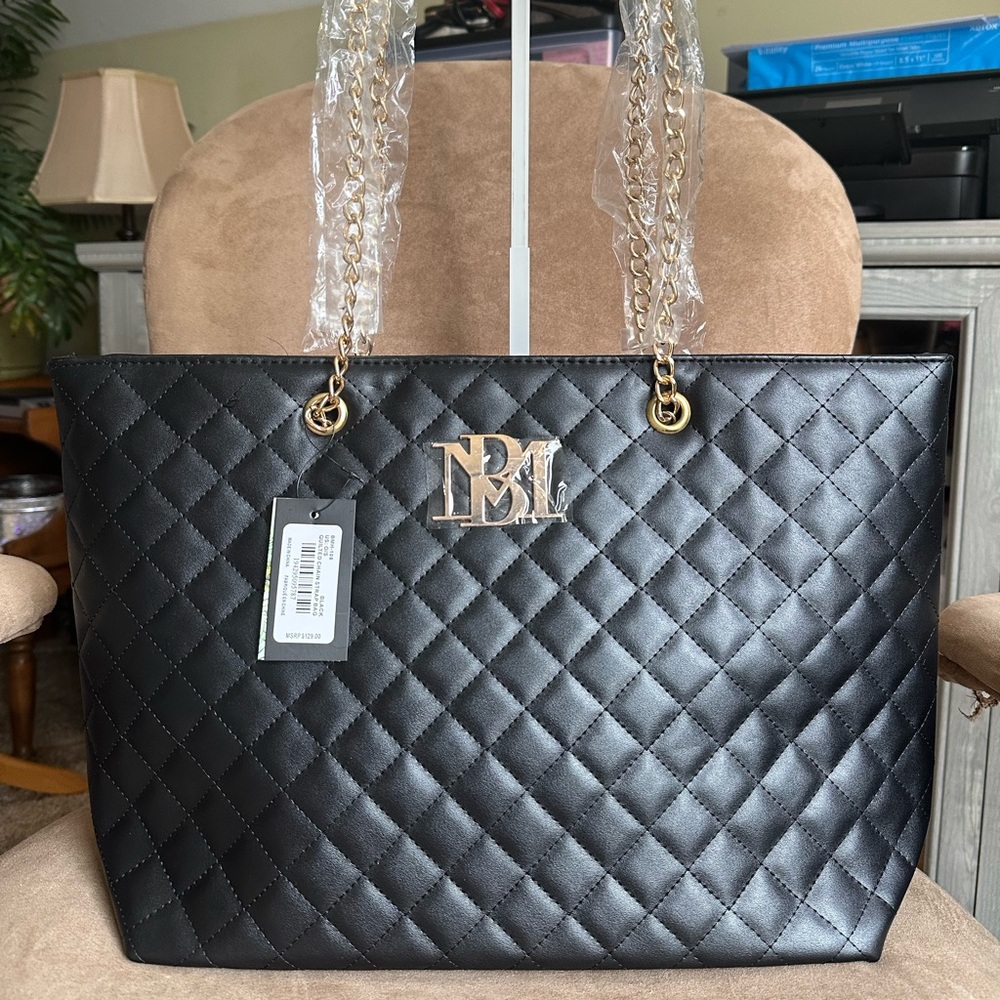 Badgley Mischka Elegant Black Quilted Chain Strap Large Tote Bag, New w/ Tag - Picture 2 of 9